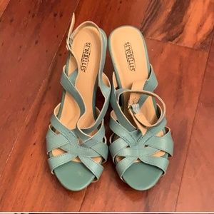Seychelles Teal Leather Strappy Wedges, Size 6.5